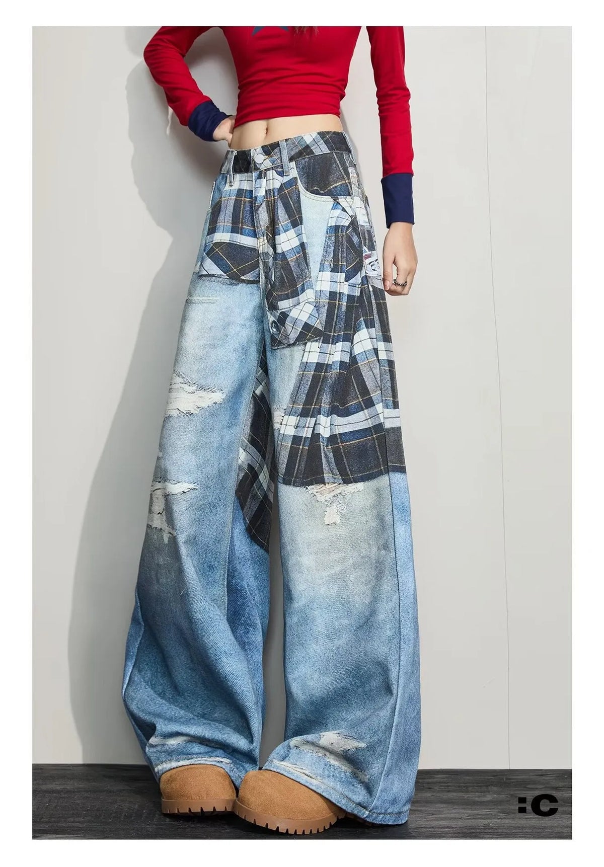 Blue patterned wide-leg cotton casual pants with mid-rise waist, loose straight cut, sizes XS to 3XL