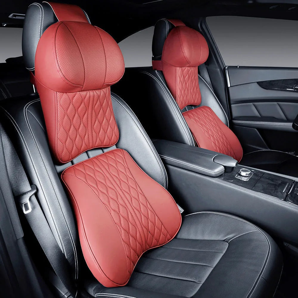 Car neck and lumbar support pillow set with wave pattern embroidery in five colour options