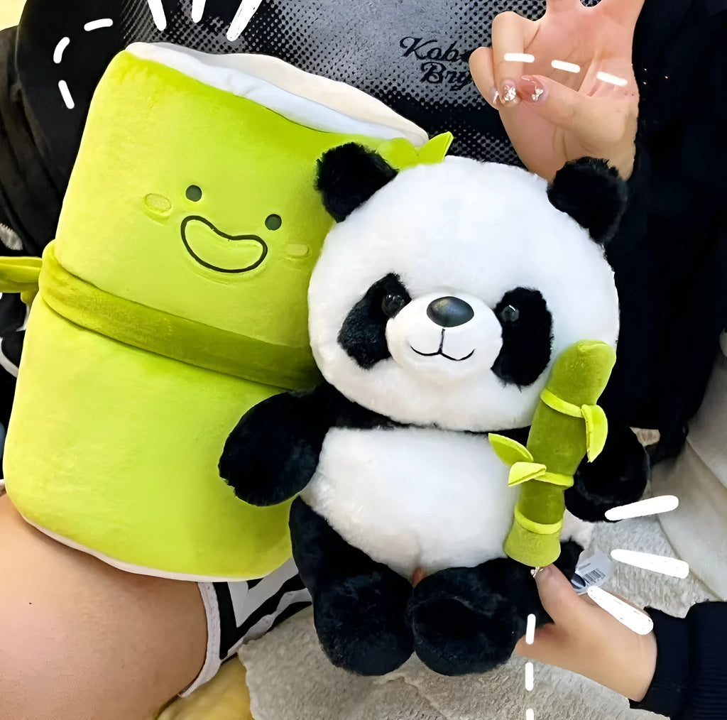 Simulated bamboo tube flower panda pillow plush toy 25cm PP cotton filling animal shape