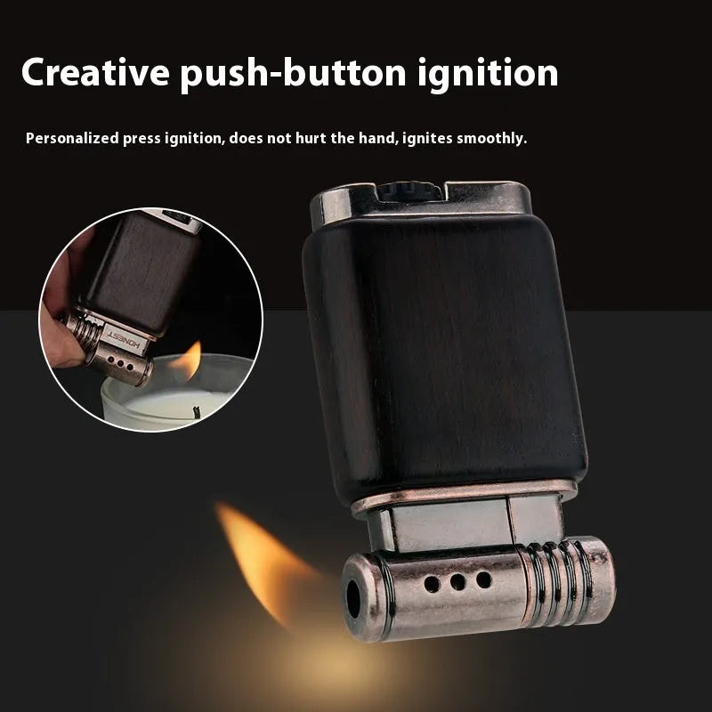 Decorative metal gas lighter with black wood finish and rosewood good luck designs