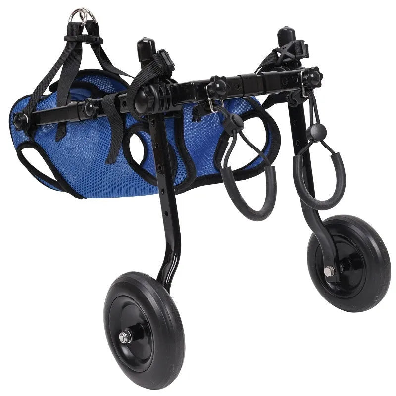 Blue dog wheelchair with aluminium alloy frame and polyester support, sizes XS to M