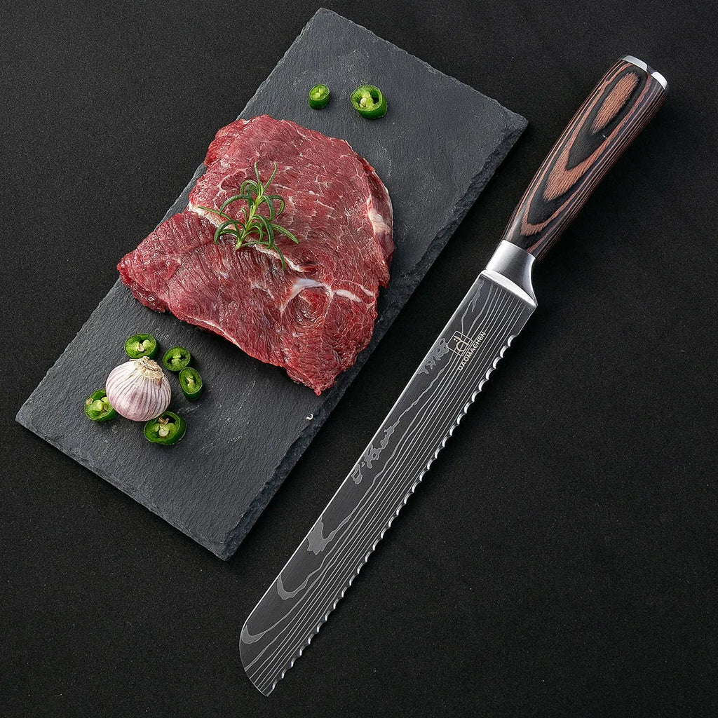 Kitchen chef knife with laser Damascus pattern on 5Cr15 steel blade and colour steel handle