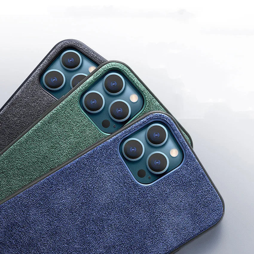 Suede mobile phone case for iPhone in dark blue, dark night green, or elegant black.