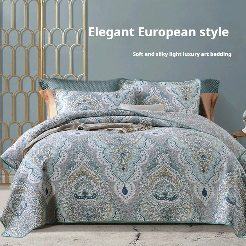 Pure cotton bedspread three-piece set with geometric pattern, showing bedcover and pillowcases.