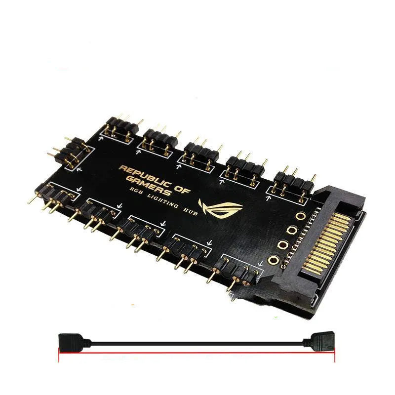 Black RGB hub splitter with SATA power supply and up to 10 ports for 5V PC lighting