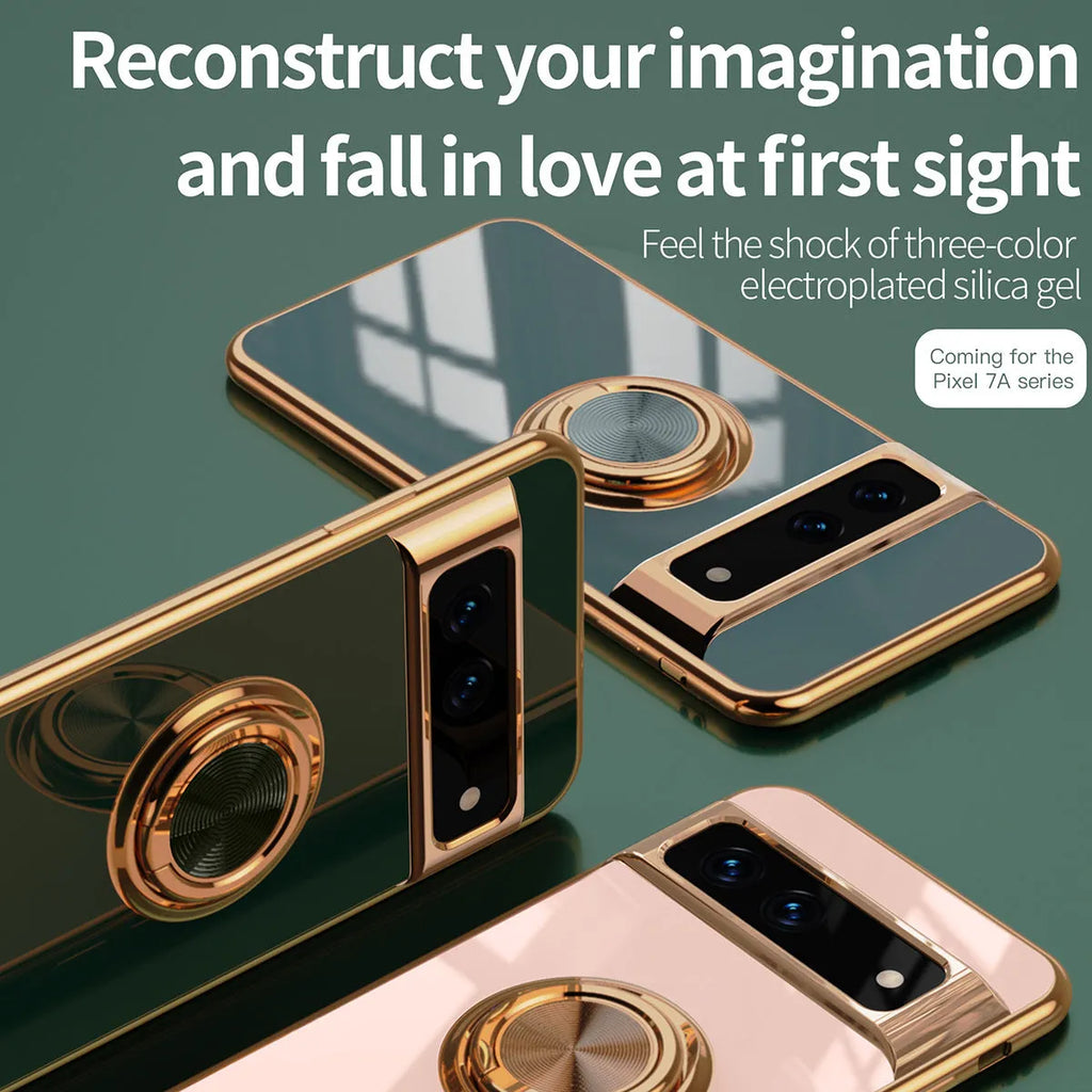 Rotating ring phone case for Google Pixel in electroplated TPU with bracket and anti-fall function, shown in black