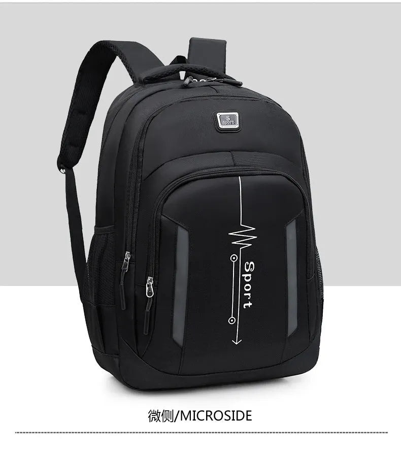 Oxford cloth business backpack with airpillow straps showing 20-35L capacity and sewing line detailing