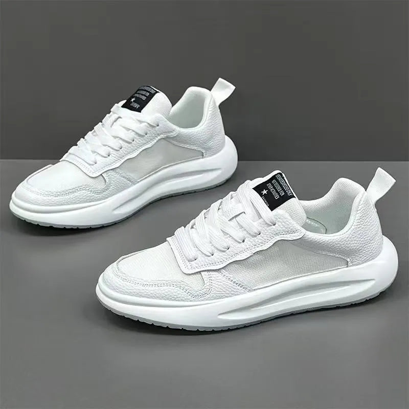 Men's breathable mesh casual shoes in white and yellow, white and black, or pure white, sizes 39-43