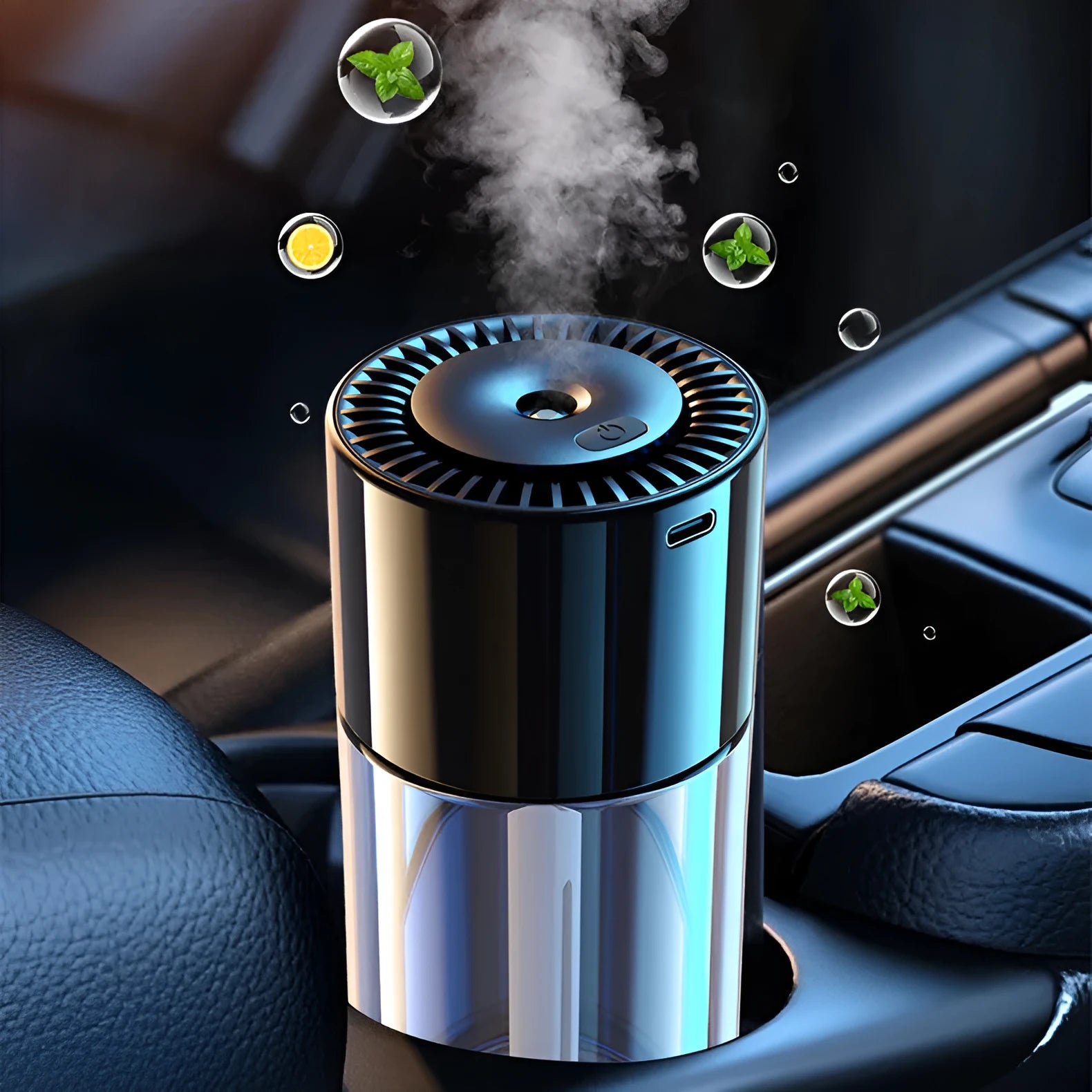USB plug-in spray perfume humidifier with glass construction in various fragrance colour options
