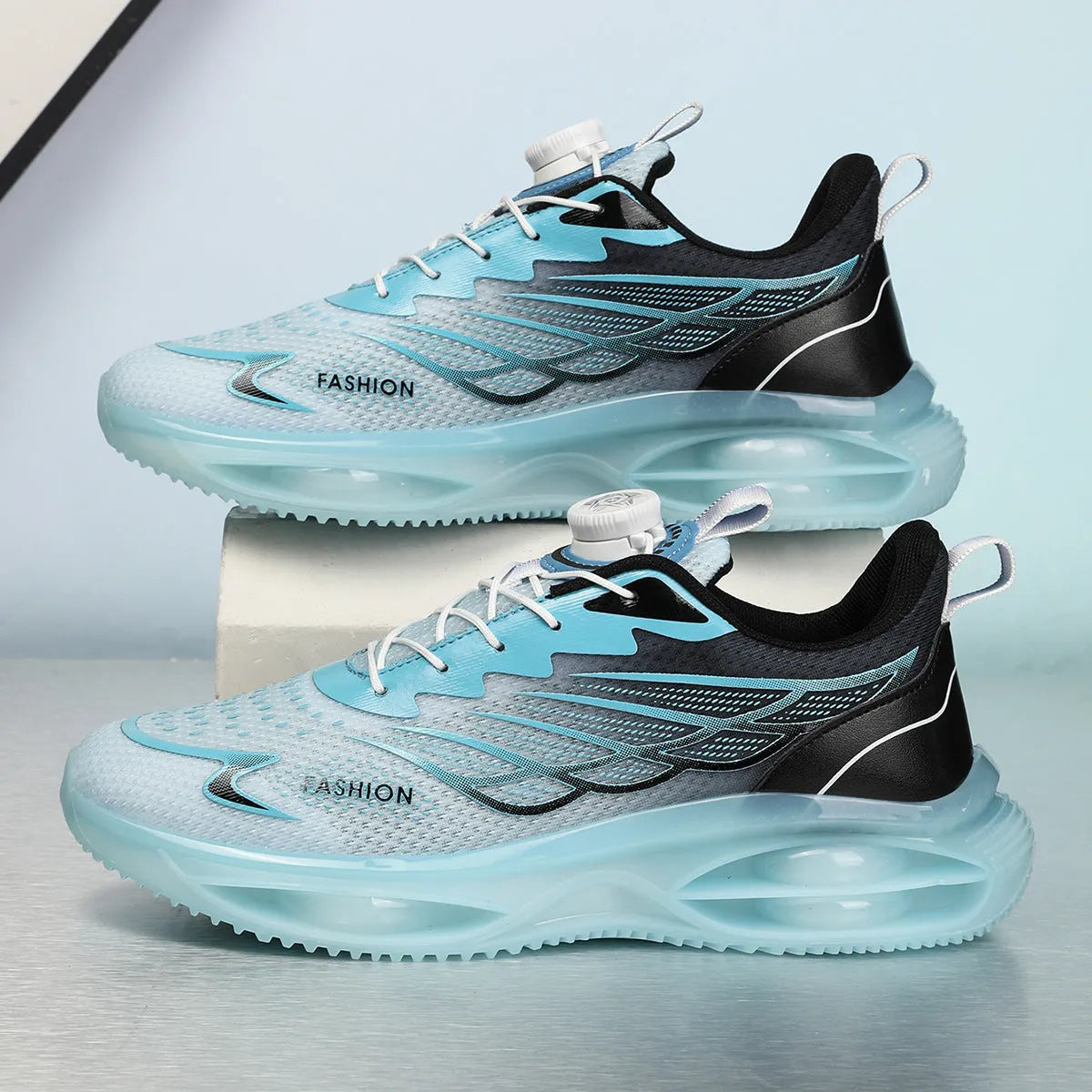 Low-top breathable running shoes in black gold, sky blue, and white colours with a rubber sole.