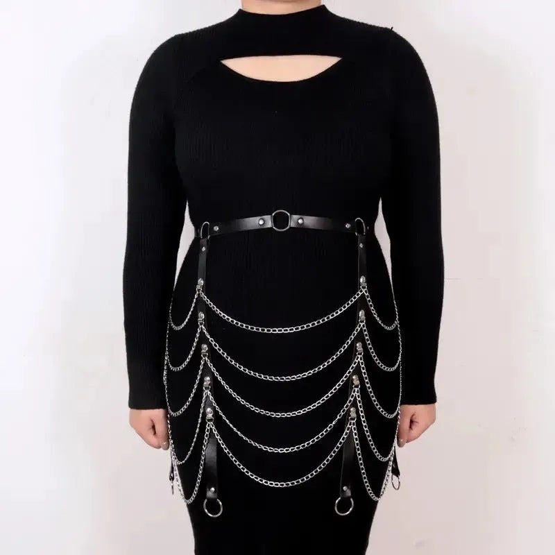 Black PU leather bandage-style waist chain ornament for women, shown with adjustable closure.
