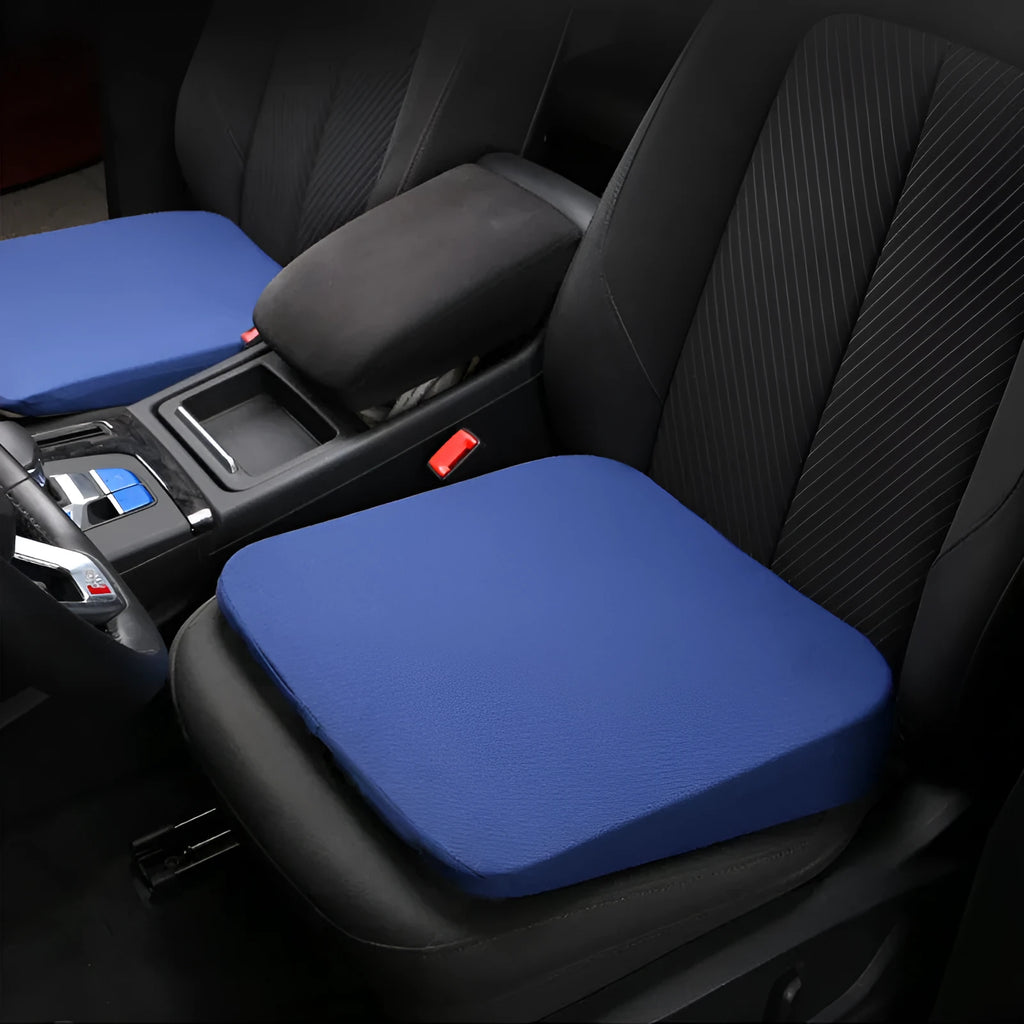 Black thick memory foam car seat cushion on a driver's seat