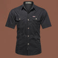 Men's cotton short sleeve work shirt in loose cardigan style, non-ironing treatment, multiple colour options