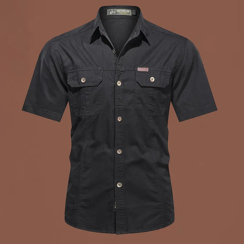 Men's cotton short sleeve work shirt in loose cardigan style, non-ironing treatment, multiple colour options