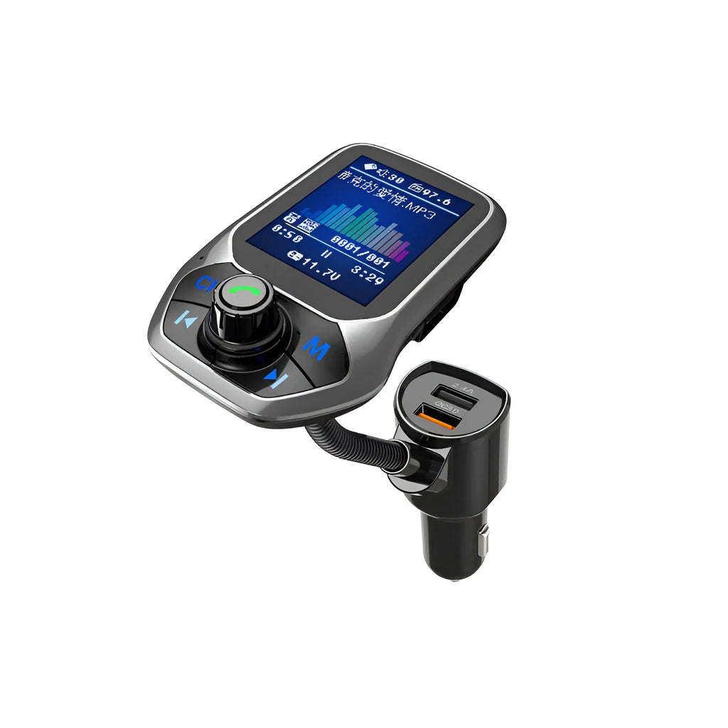 QC3.0 Bluetooth FM transmitter with dual USB ports, LCD display, TF card slot, and car battery voltage detection.