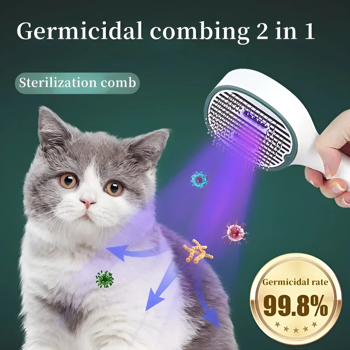 UVC sterilization pet grooming comb for cats and dogs, 25.8 x 9.8 x 5.5cm, dark green, grey, light green