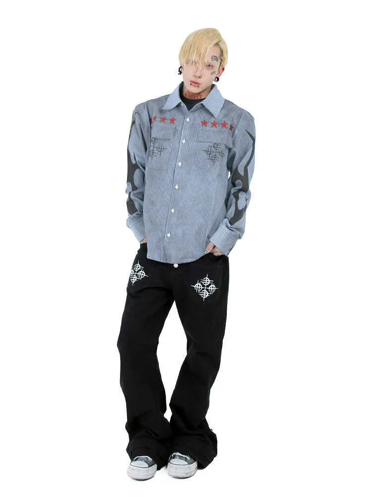 Men's washed blue striped casual shirt with long sleeves and lapel collar