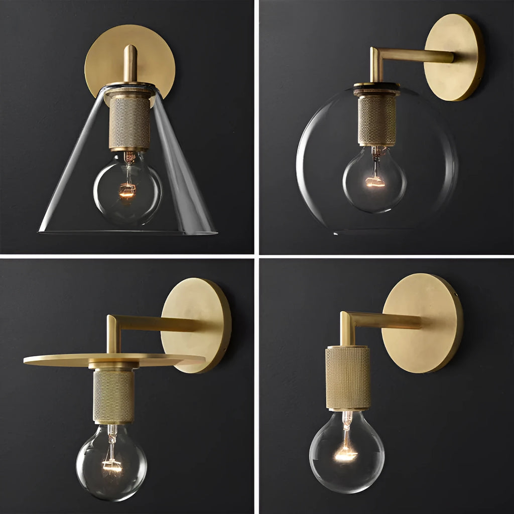 Wrought iron wall lamp with glass shade, E27 holder, gold bronze or black, for bedside or aisle.