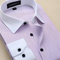 Plus size men business long sleeve shirt in blue stripes with square collar and cotton polyester blend fabric