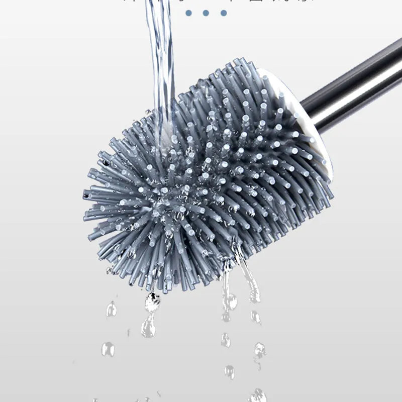 Silicone toilet brush with soft bristles, shown as round freestanding and wall-mounted options