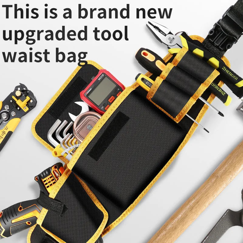 Yellow canvas electrician tool waist bag with belt attachment for portable tool storage and repair tasks
