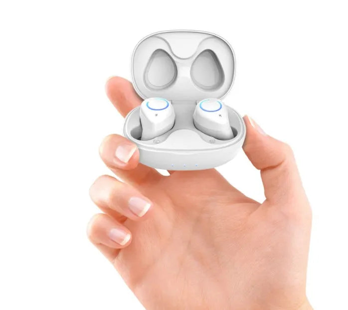 M18 true wireless in-ear headset in black or white colour with compact charging case.