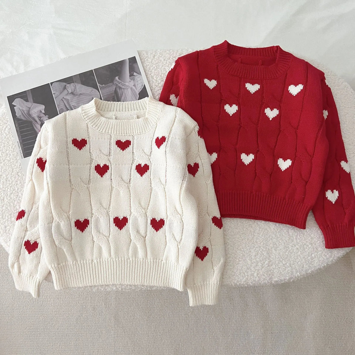 Cotton round neck pullover for baby in red colour with long sleeves on white background