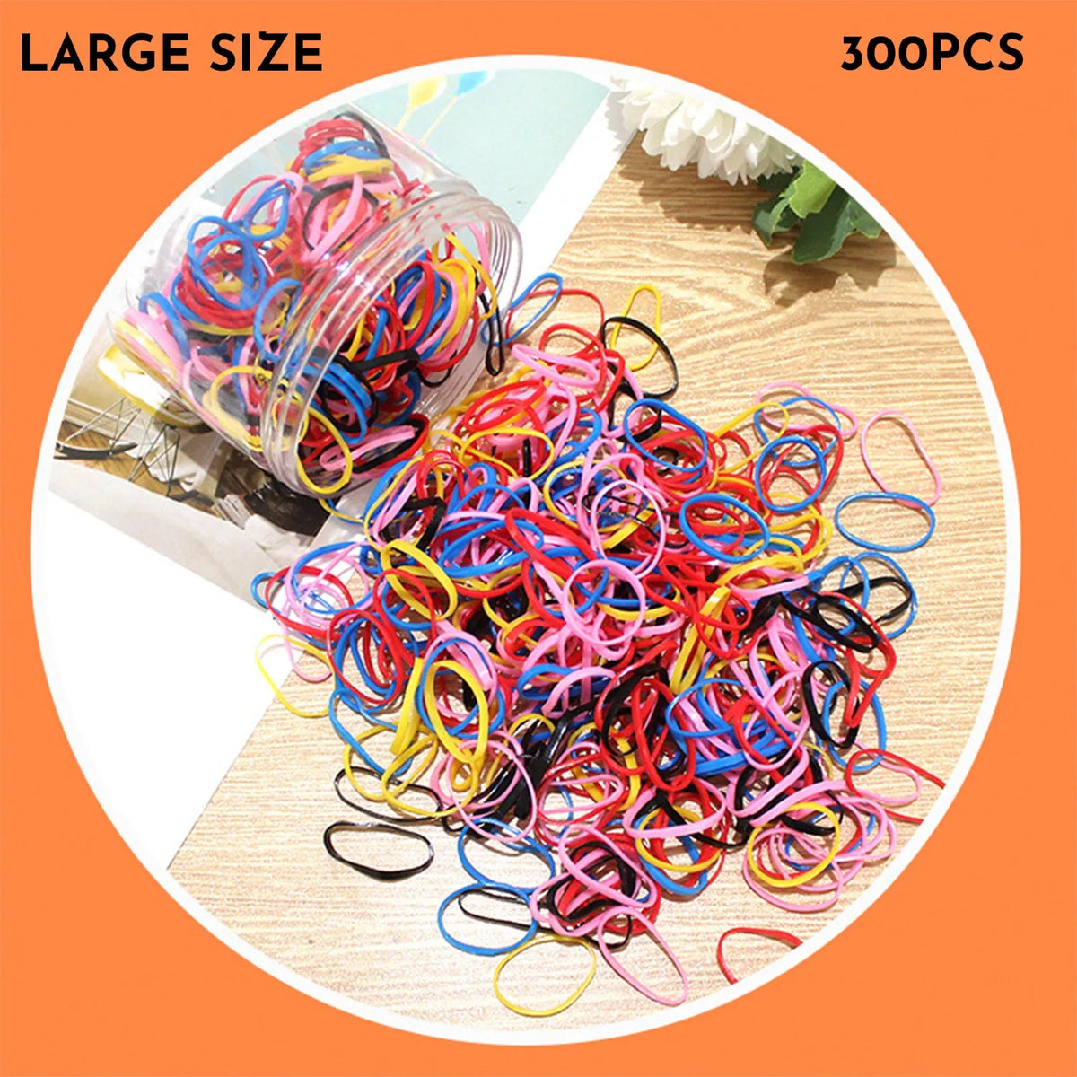 Multi-colour TPU baby hair elastic bands spilling from a reusable container.