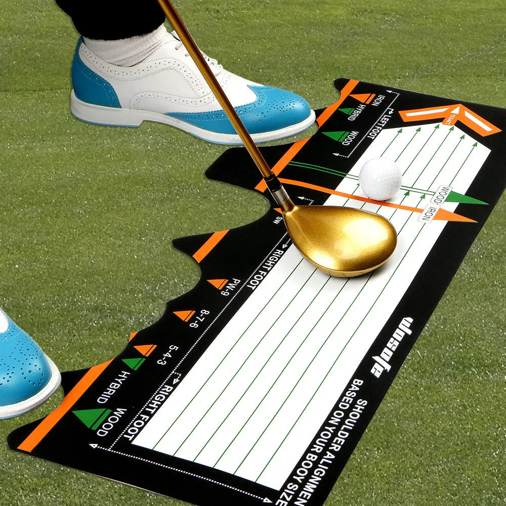 Black neoprene golf swing stance practice pad with alignment markers for posture correction.