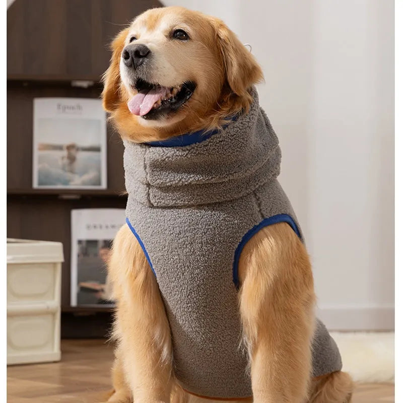 Beige Sherpa dog vest with bear pattern for large dogs on a grey background