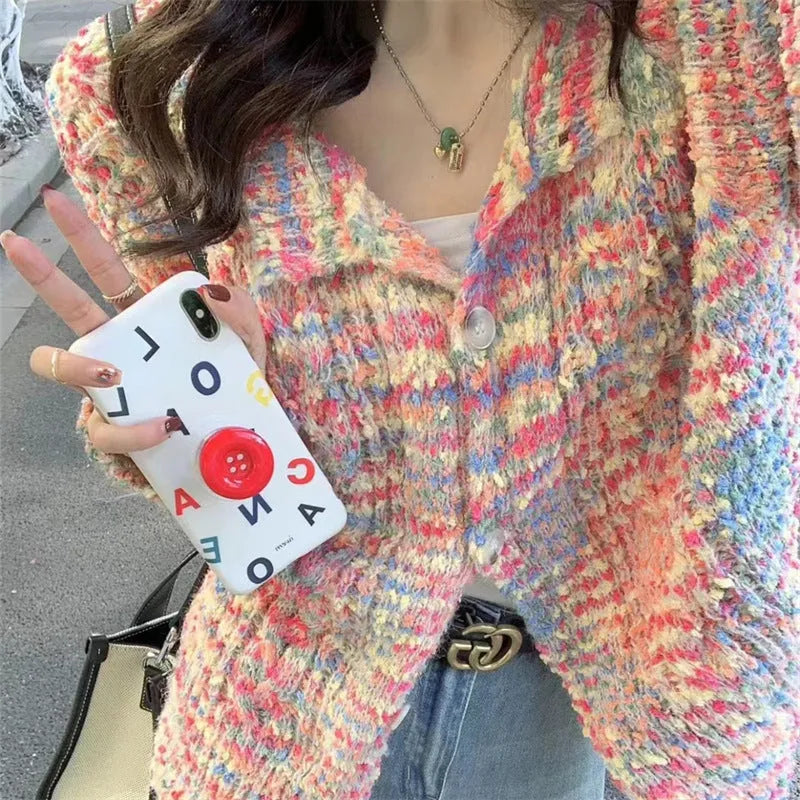 Pink and green acrylic cardigan sweater with knitted rainbow pattern, slim fit free size design