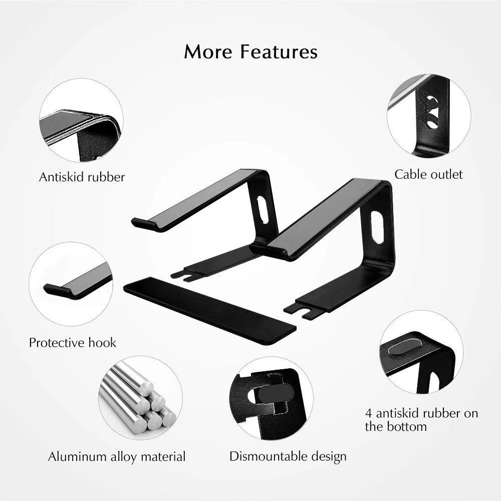 Aluminium alloy notebook stand and desktop computer cooling bracket, 14.5 x 22.5 x 26 cm, in black, grey, rose gold, or silver grey.
