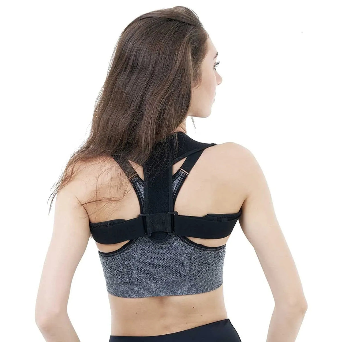 Black adjustable posture correction strap with breathable mesh construction
