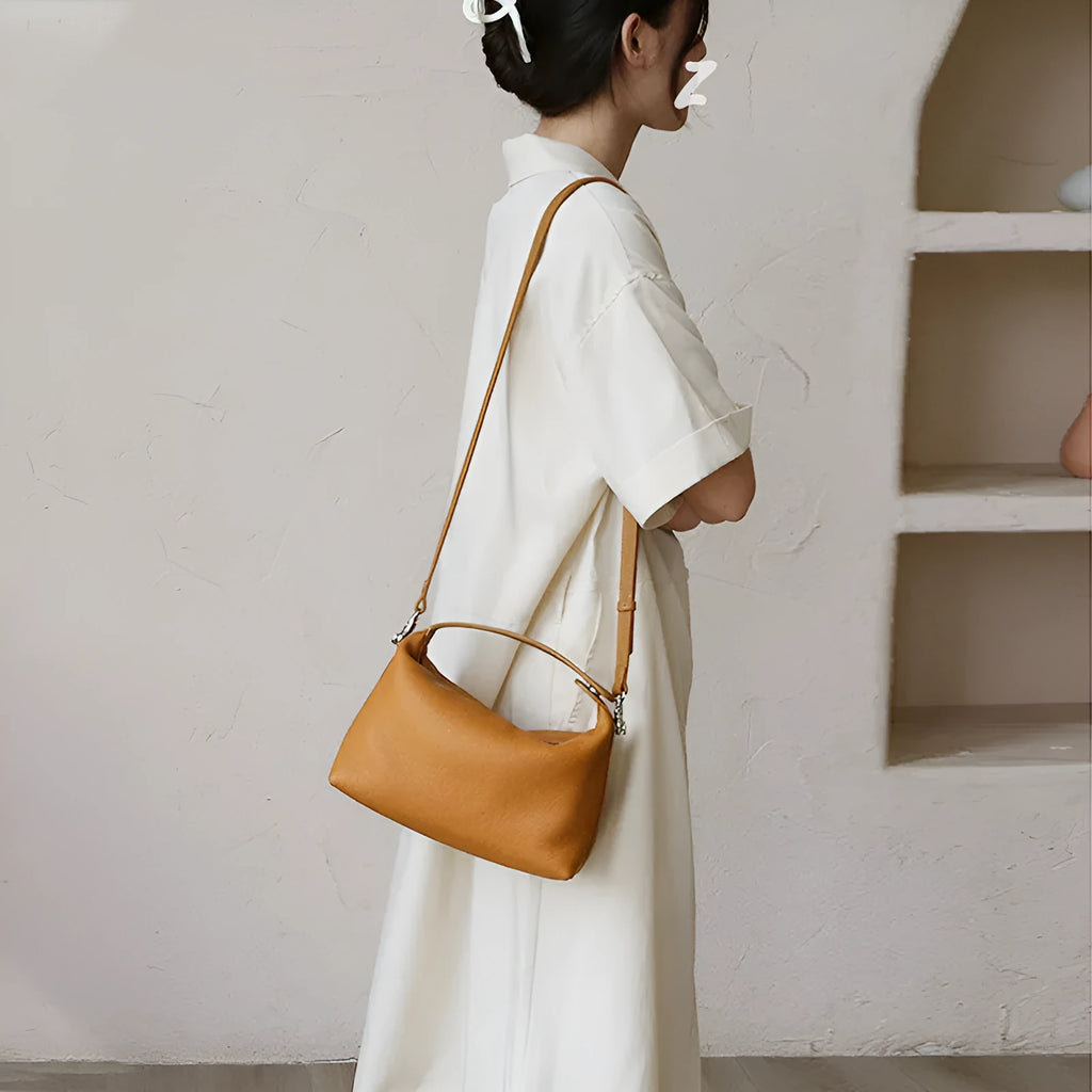 Genuine leather one shoulder lunch box bag with zip closure and internal pockets in brown, dove grey, black or khaki