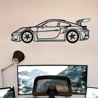 Black iron sports car wall art decoration in a pastoral metal style for home, garden, office, or hotel wall display