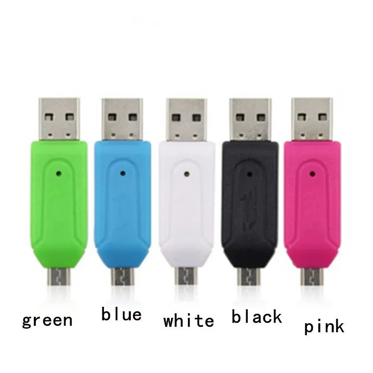 OTG card reader with USB and micro USB connectors in white, pink, green, blue or black colours