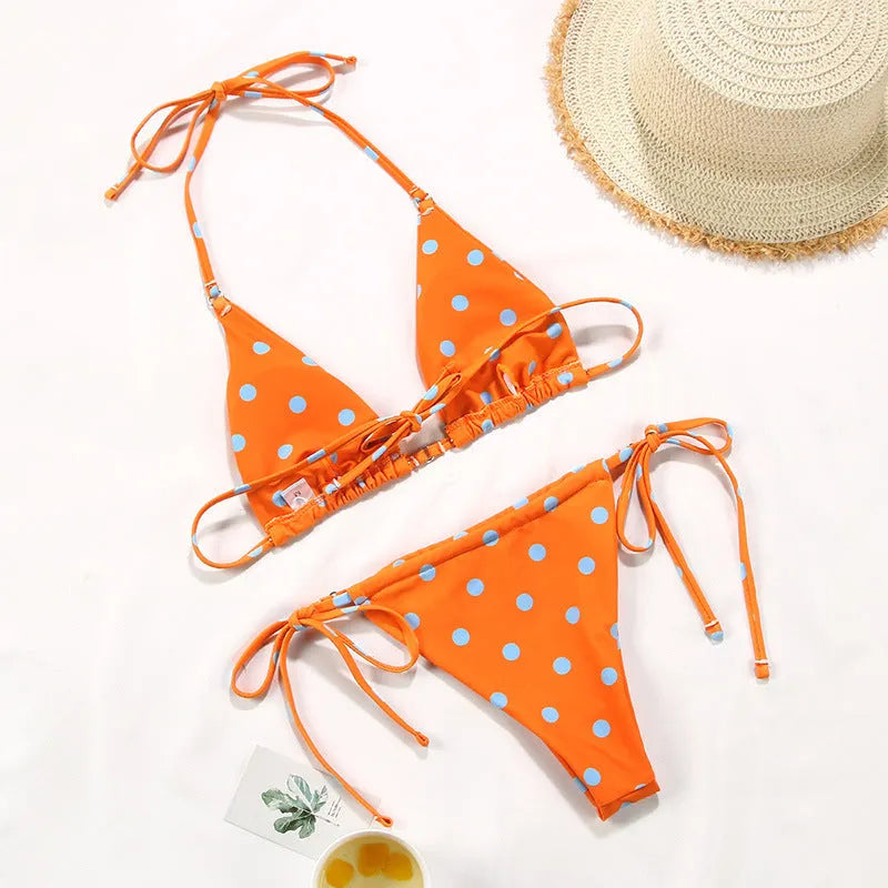 Women's polka dot print split swimsuit bikini set with floral and gradient pattern options