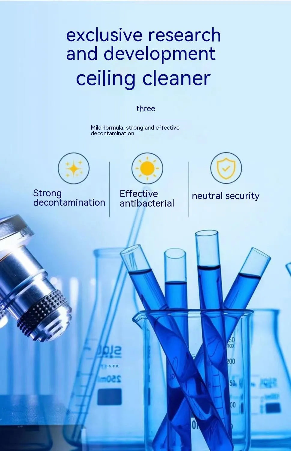 Bottle of wash free ultrasonic fabric roof cleaner with herb essence and oxidase for interior ceilings.
