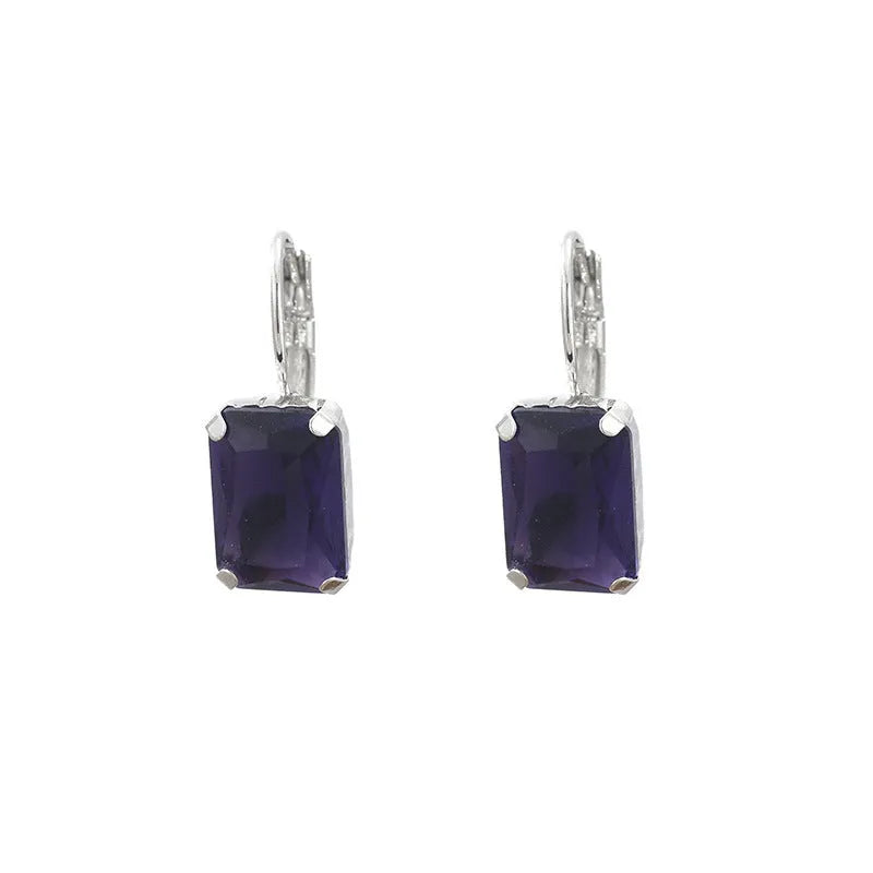 Women's square crystal earrings in copper setting, 25x10mm, purple colour option