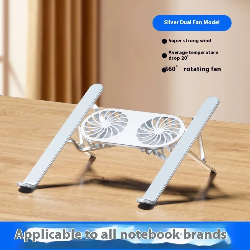 Silver aluminium laptop cooling stand with twin fans folded, next to its cloth storage bag and USB cable.