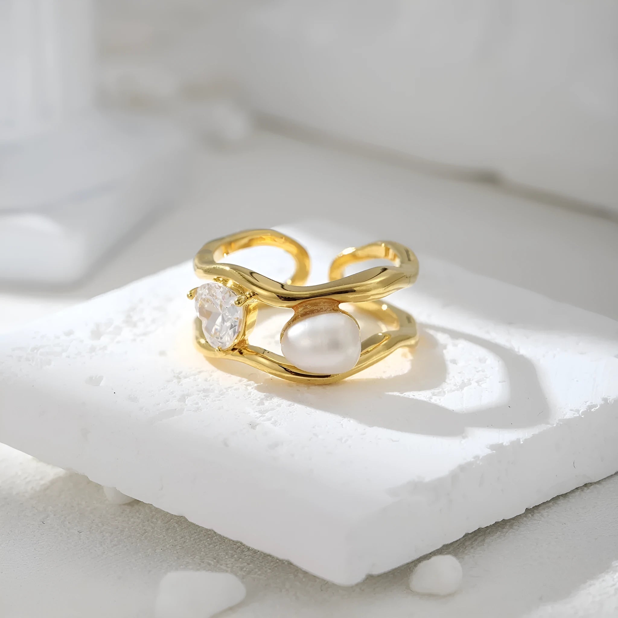 Natural pearl ring with adjustable open mouth design in 14k real gold colour finish on copper base