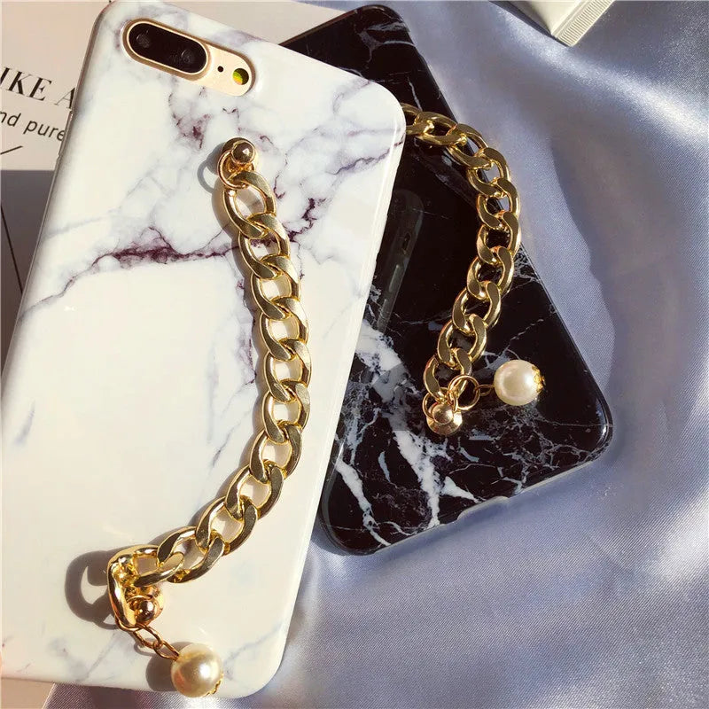 Pearl chain marble phone case TPU back cover for iPhone on black background