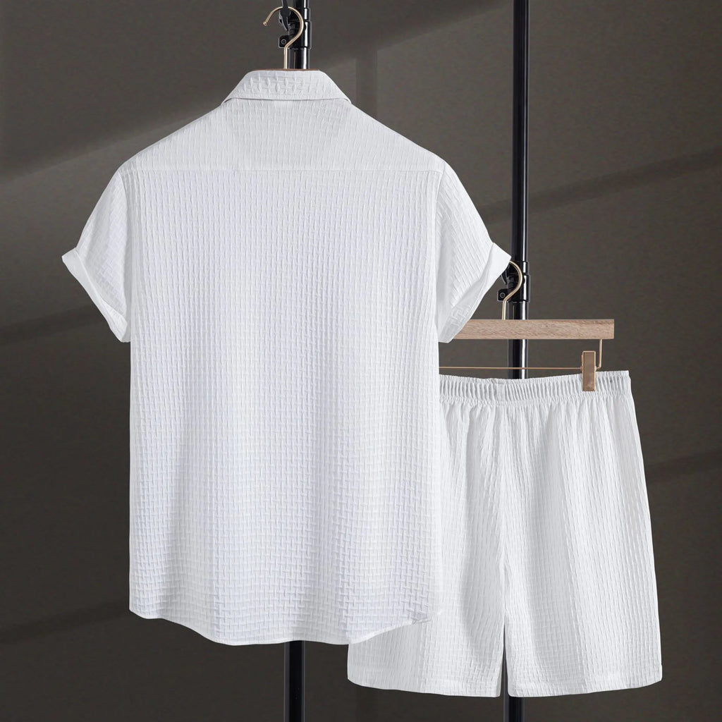 Men's cotton blend beach short sleeve shirt and shorts suit in loose cardigan style