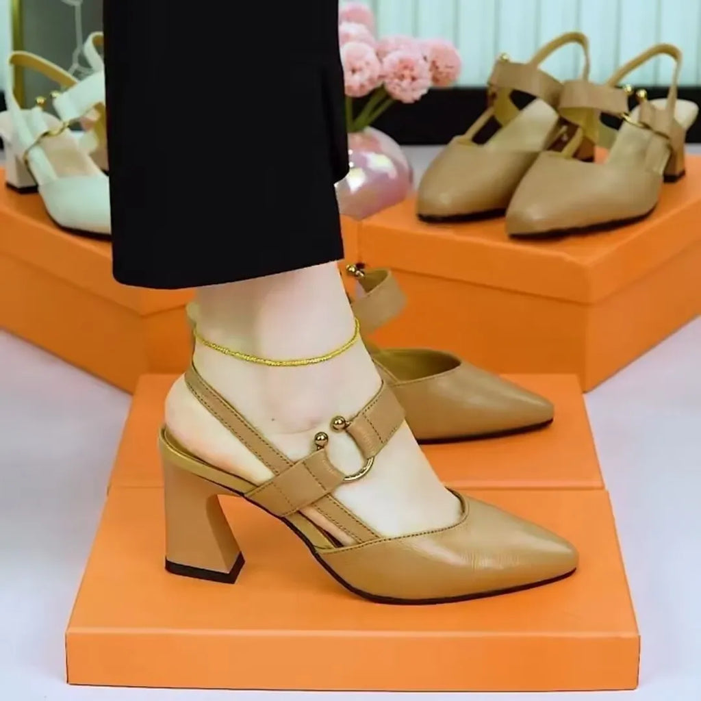 Women's black closed toe leather sandals with chunky heels and backless slip-on design