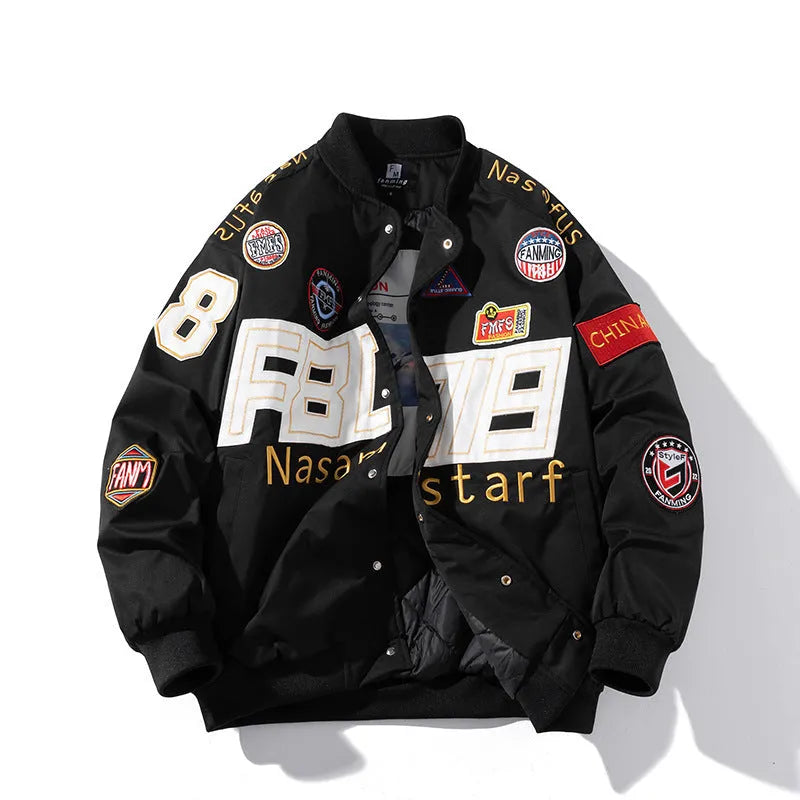 American motorcycle couple baseball jacket with cotton padding and side pockets in black colour