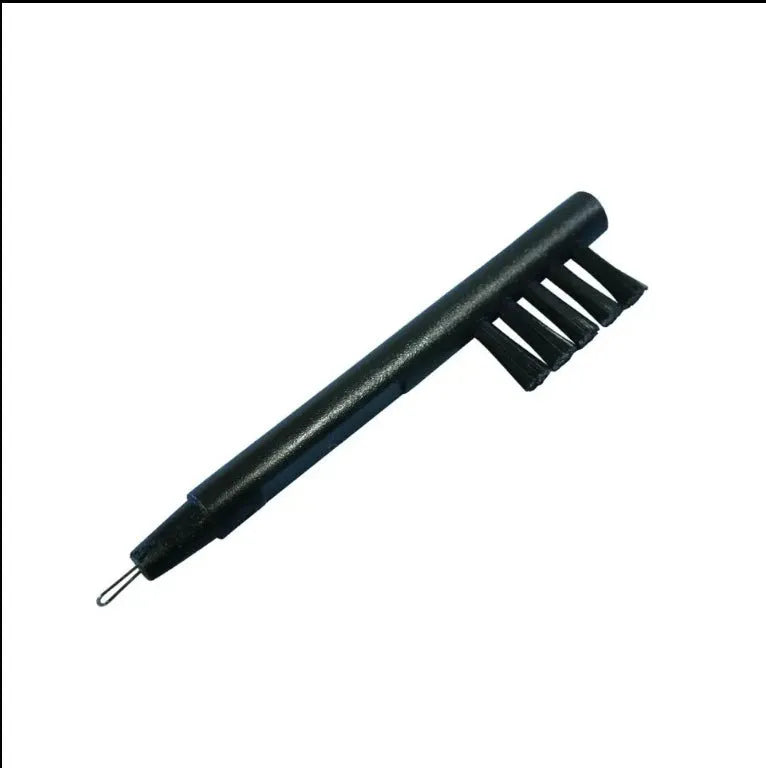 Black hearing aid cleaning brush with magnet, U-shaped hook and five sets of brushes on an ABS handle