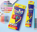 Set of wooden double-tipped colouring pencils in a case, showing the two colour leads on each pencil.