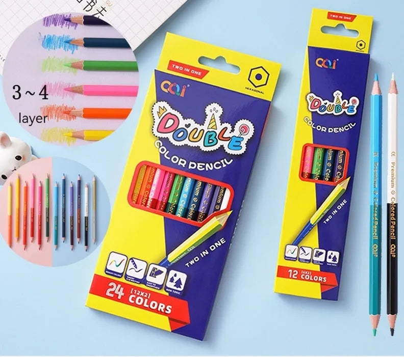 Set of wooden double-tipped colouring pencils in a case, showing the two colour leads on each pencil.