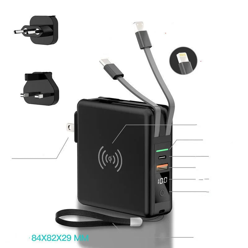 Super QI wireless charging PD20W fast power bank with 10000mAh capacity and built-in global plug