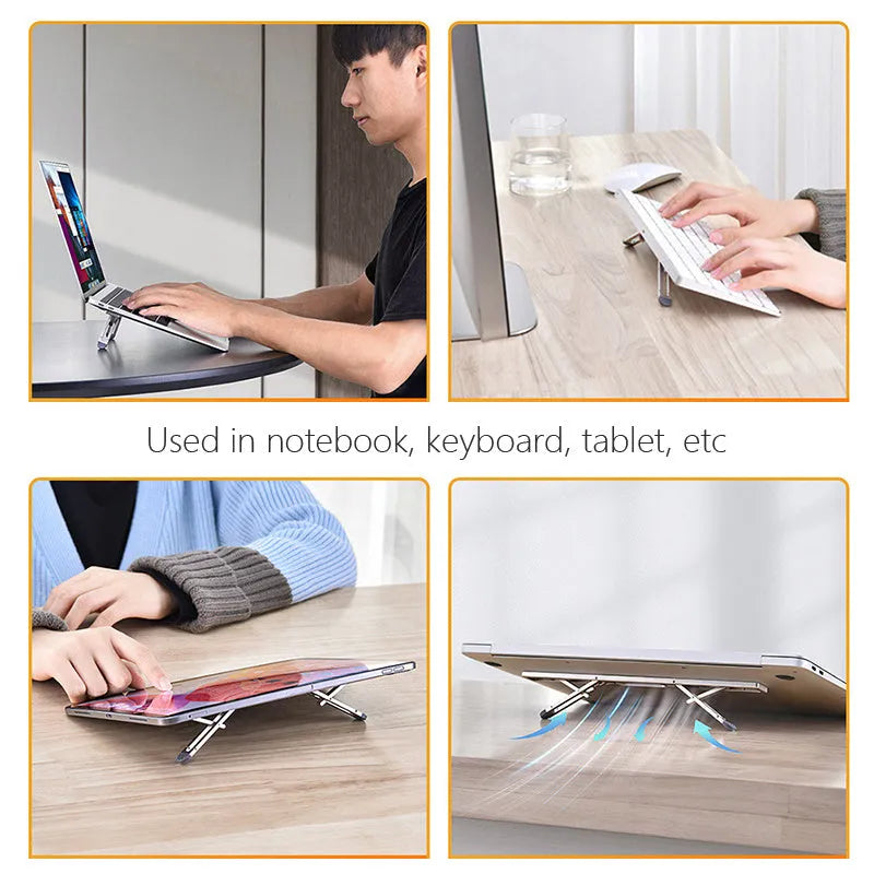 Aluminium alloy adjustable laptop cooling bracket in silver on a desk raising a notebook for better airflow and ergonomics